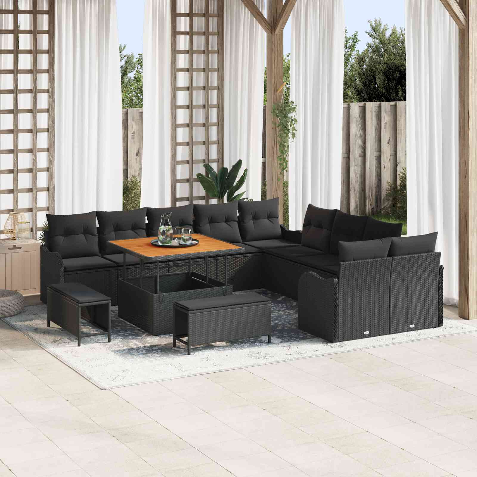 13-teilige Garten Sofa Set mit Kissen Schwarz Poly Rattan Akazie
