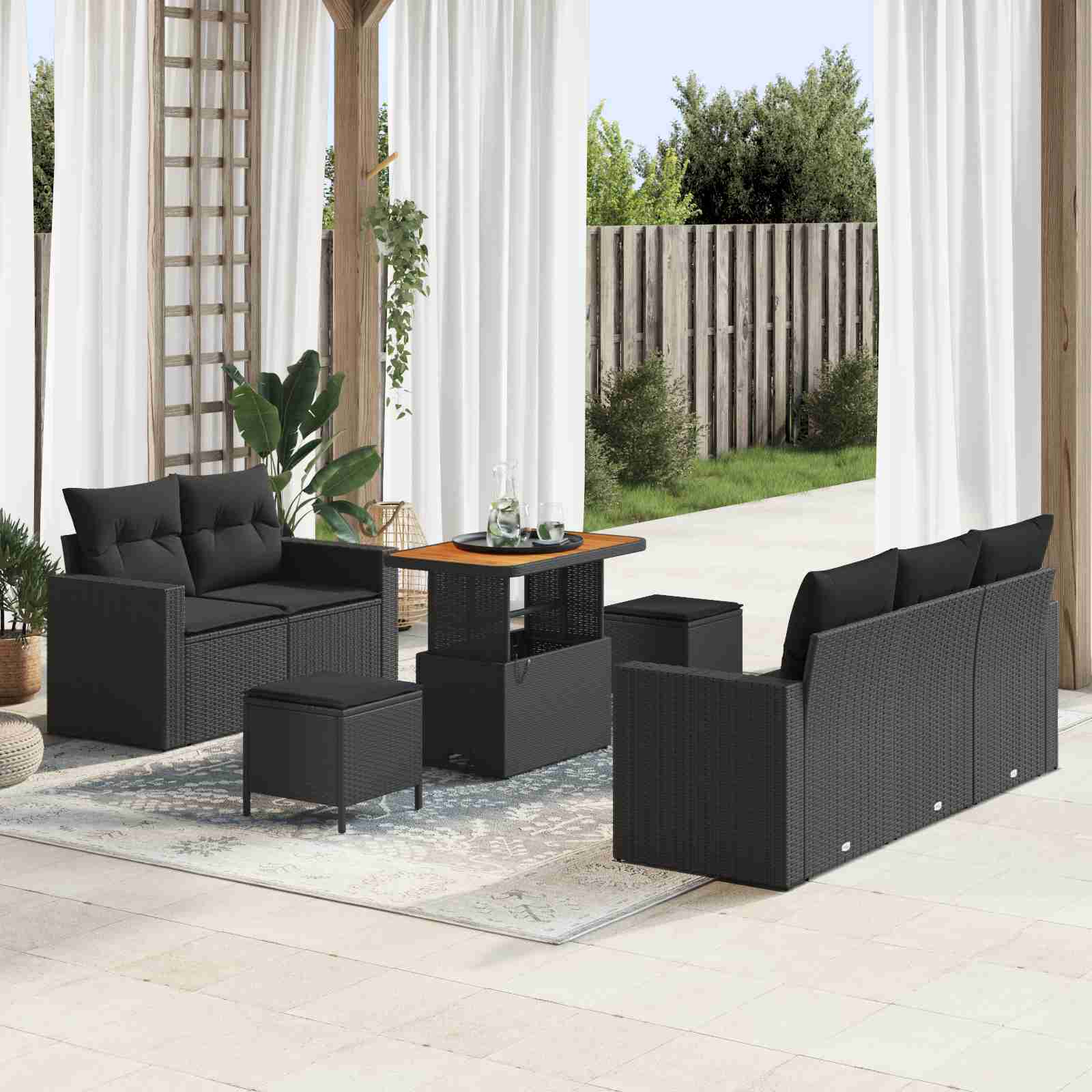 8-teiliges Garten Sofa Set mit Kissen Schwarz Poly-Rattan Akazie 8-teiliges Garten Sofa Set mit Kissen Schwarz Poly-Rattan Akazie
