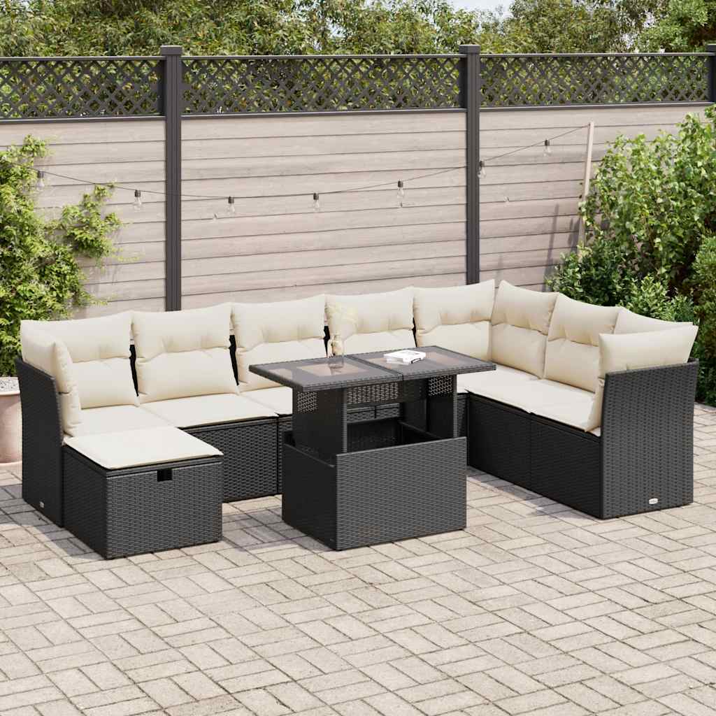 9-tlg. Garten-Sofagarnitur mit Kissen Schwarz Poly Rattan 9-tlg. Garten-Sofagarnitur mit Kissen Schwarz Poly Rattan