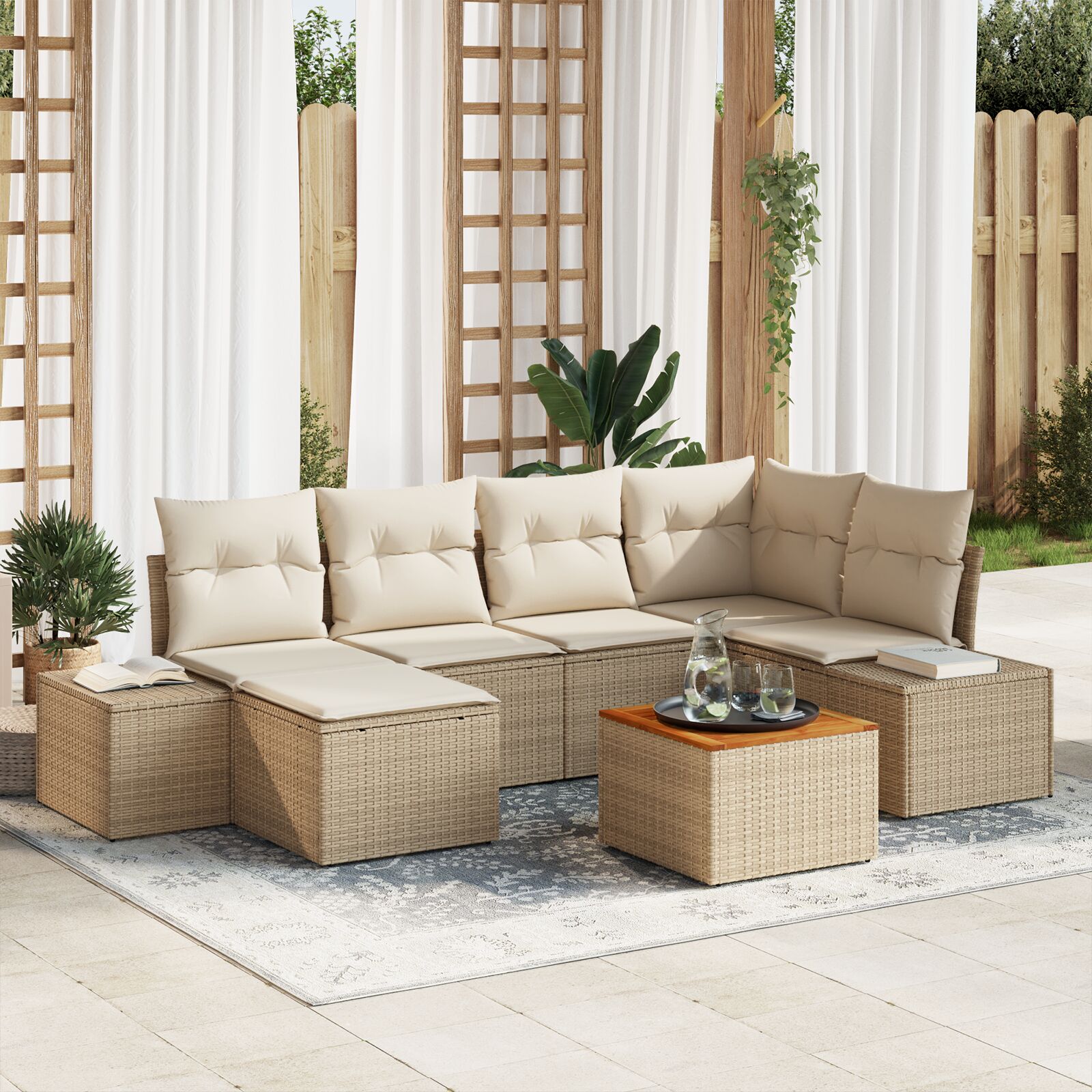 7-teiliges Garten Sofa Set mit Kissen Beige Poly Rattan Akazie 7-teiliges Garten Sofa Set mit Kissen Beige Poly Rattan Akazie
