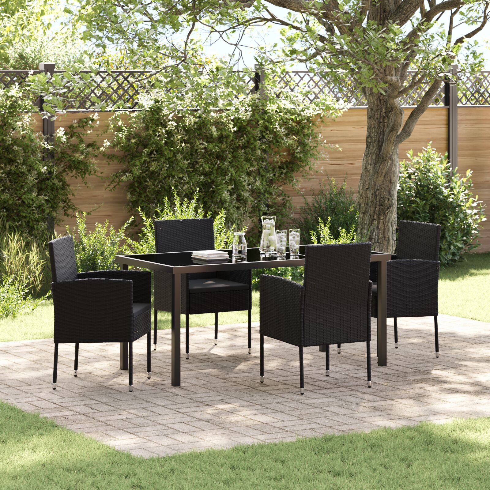 5-teiliges Garten Esstischset mit Kissen Schwarz Poly-Rattan