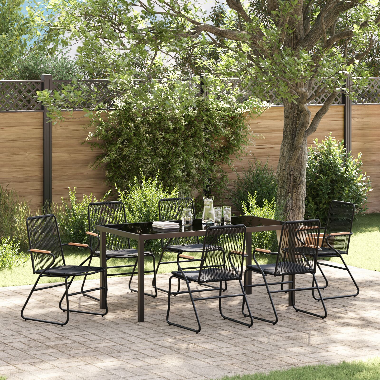 7-teiliges Garten Essbereich Set Schwarz PVC Rattan
