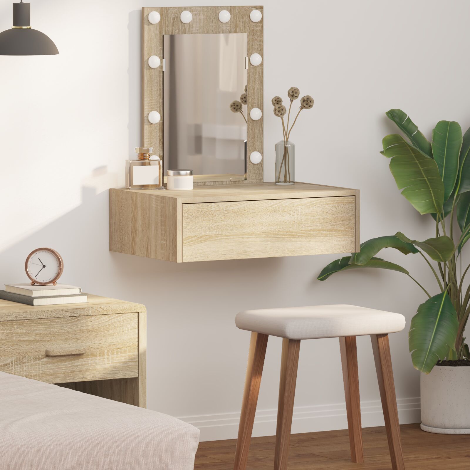 vidaXL Wandhängender Make-up-Tisch mit LED-Lichtern Sonoma Eiche