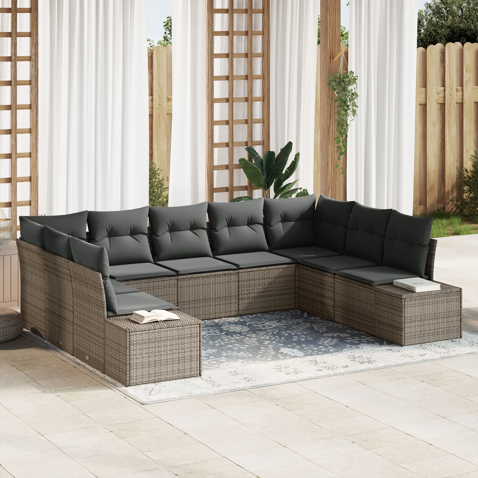 9-teiliges Garten Sofa Set mit Kissen Grau Poly Rattan