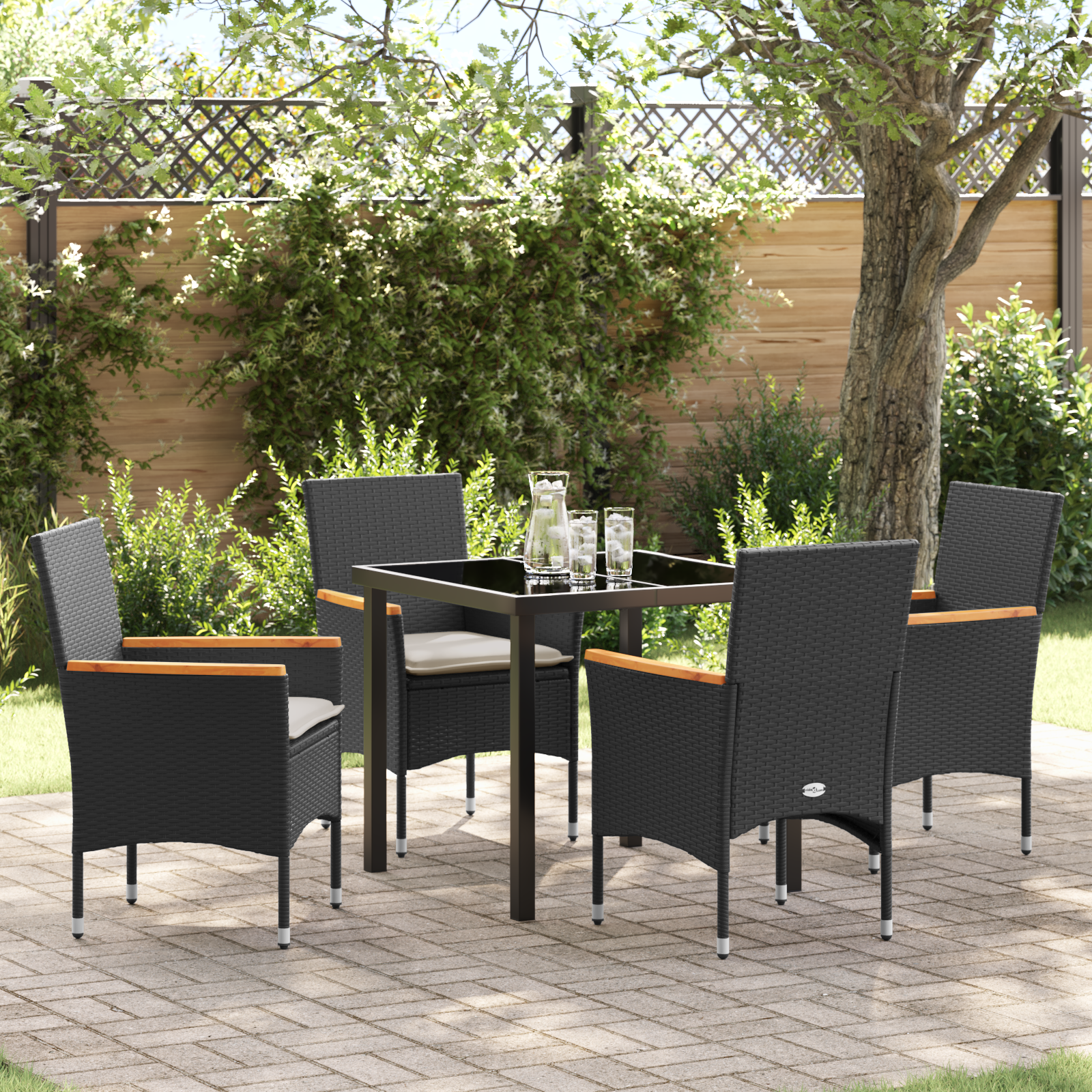 5-teilige Garten Essgruppe mit Kissen in schwarzem Poly-Rattan 5-teilige Garten Essgruppe mit Kissen in schwarzem Poly-Rattan