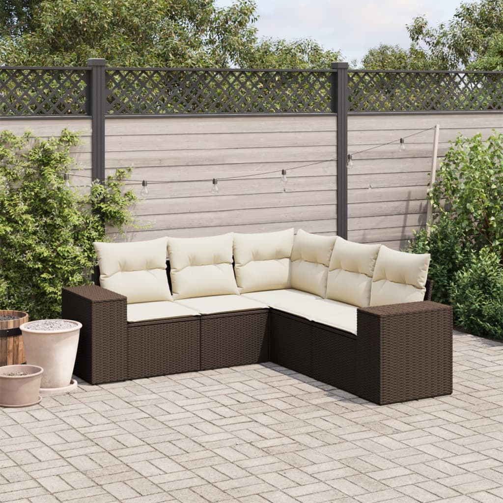 5-tlg. Garten-Sofagarnitur mit Kissen Braun Poly Rattan