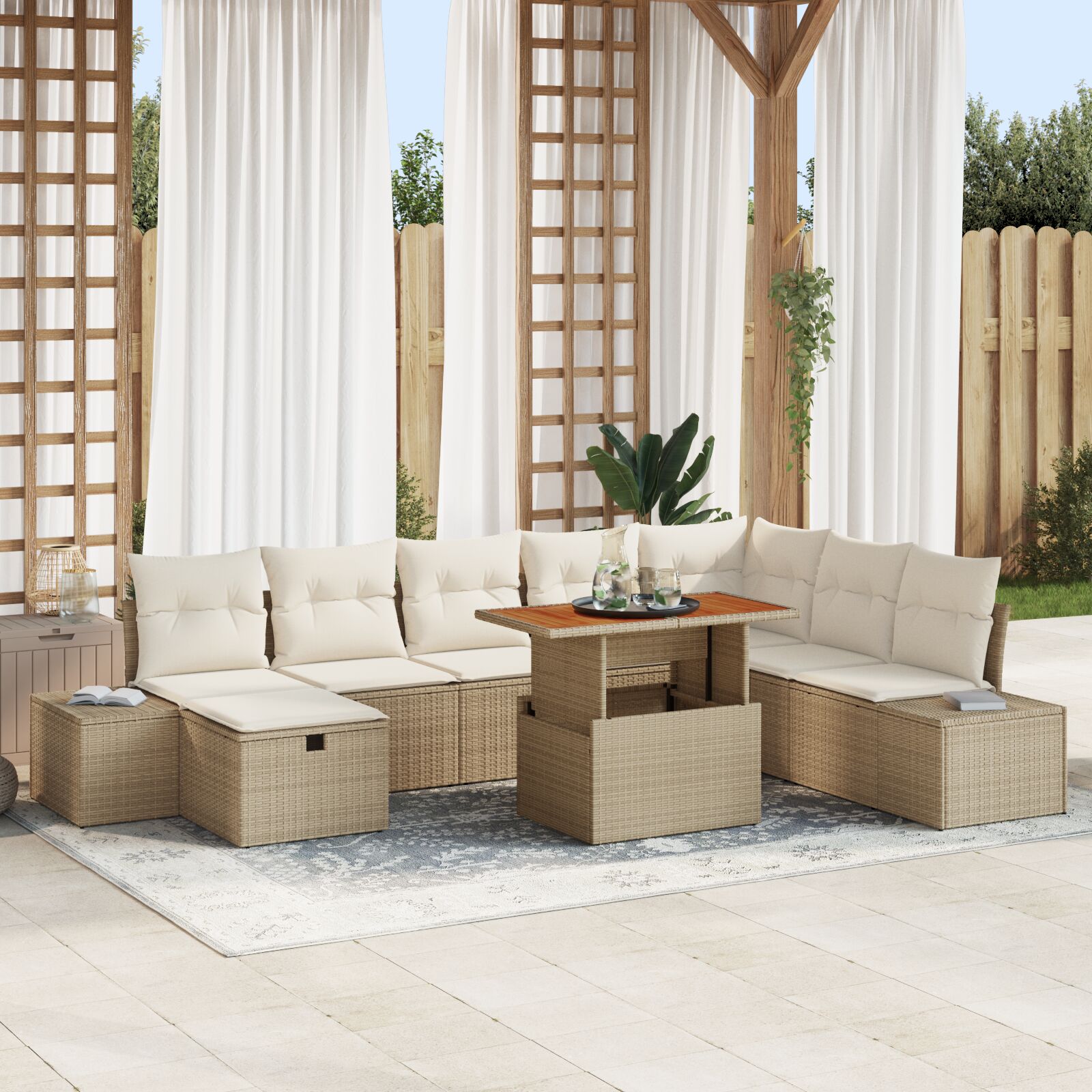 9-teiliges Garten-Sofa-Set mit Kissen Beige Poly Rattan 9-teiliges Garten-Sofa-Set mit Kissen Beige Poly Rattan