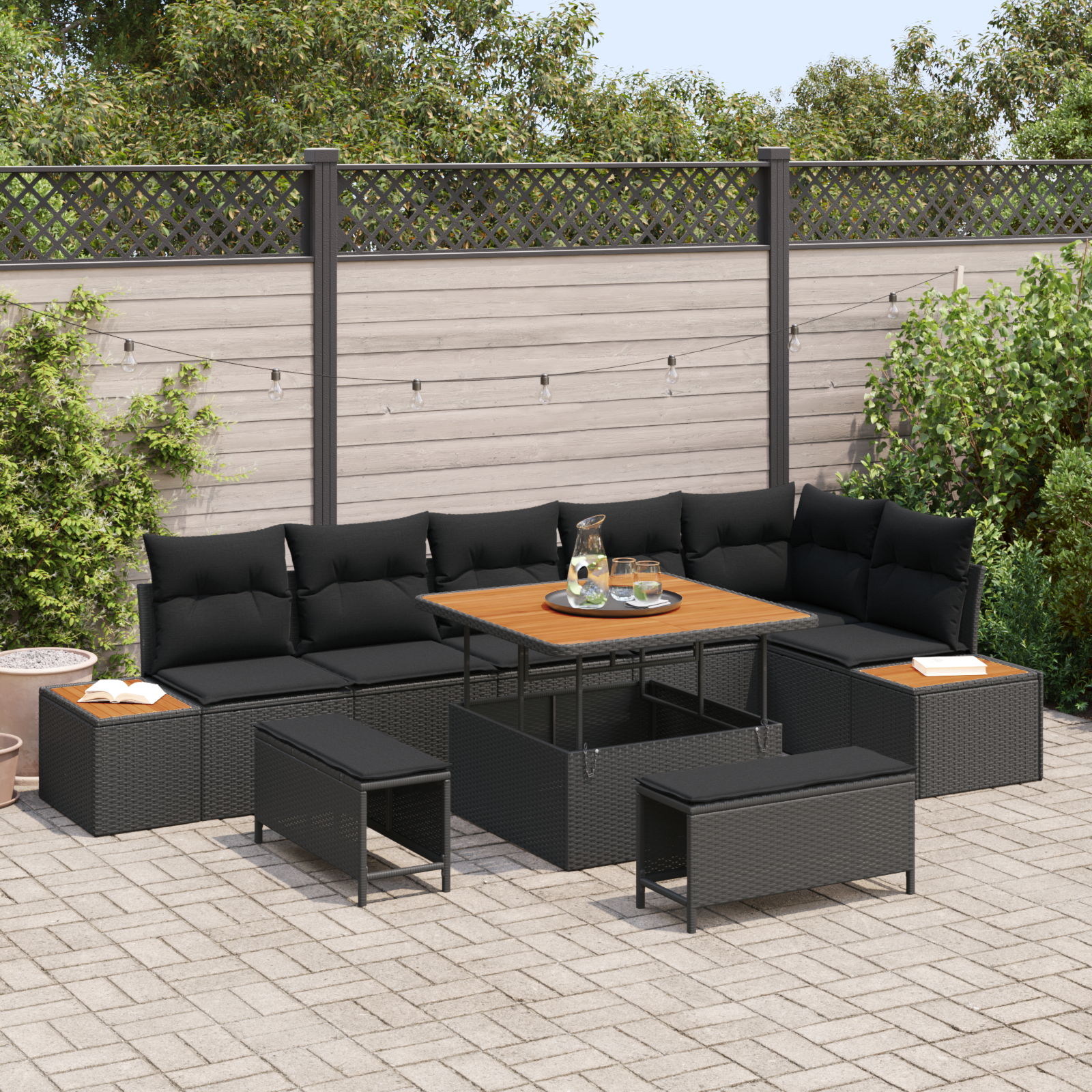 9-teiliges Garten-Sofa-Set mit Kissen Schwarz Poly-Rattan Akazie
