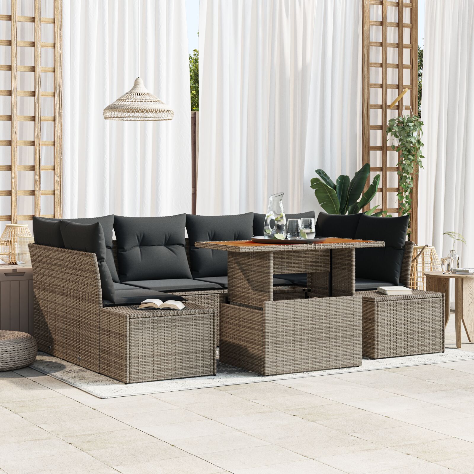 7-teiliges Garten Sofa Set mit Kissen Grau Poly Rattan 7-teiliges Garten Sofa Set mit Kissen Grau Poly Rattan