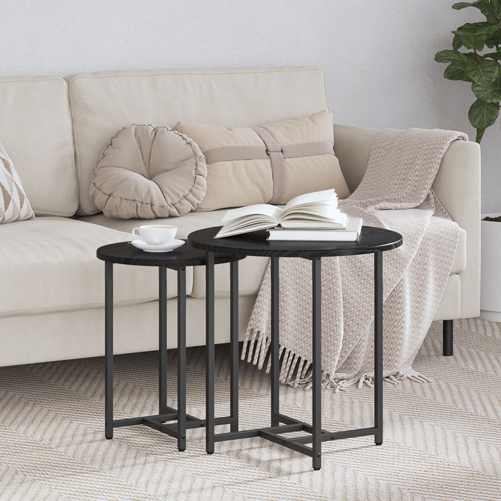 vidaXL Beistelltisch 2er Set Schwarz aus Eichenfurnier und Metall