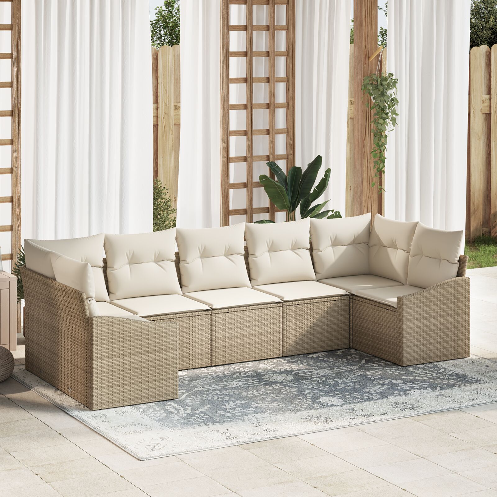 7-teiliges Garten-Sofa-Set mit Kissen Beige Poly Rattan 7-teiliges Garten-Sofa-Set mit Kissen Beige Poly Rattan