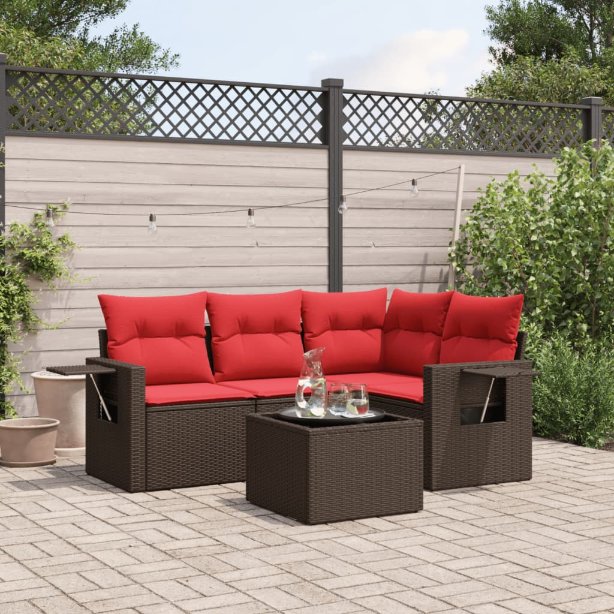 5-teiliges Gartensofa-Set mit Kissen, braun, Polyrattan