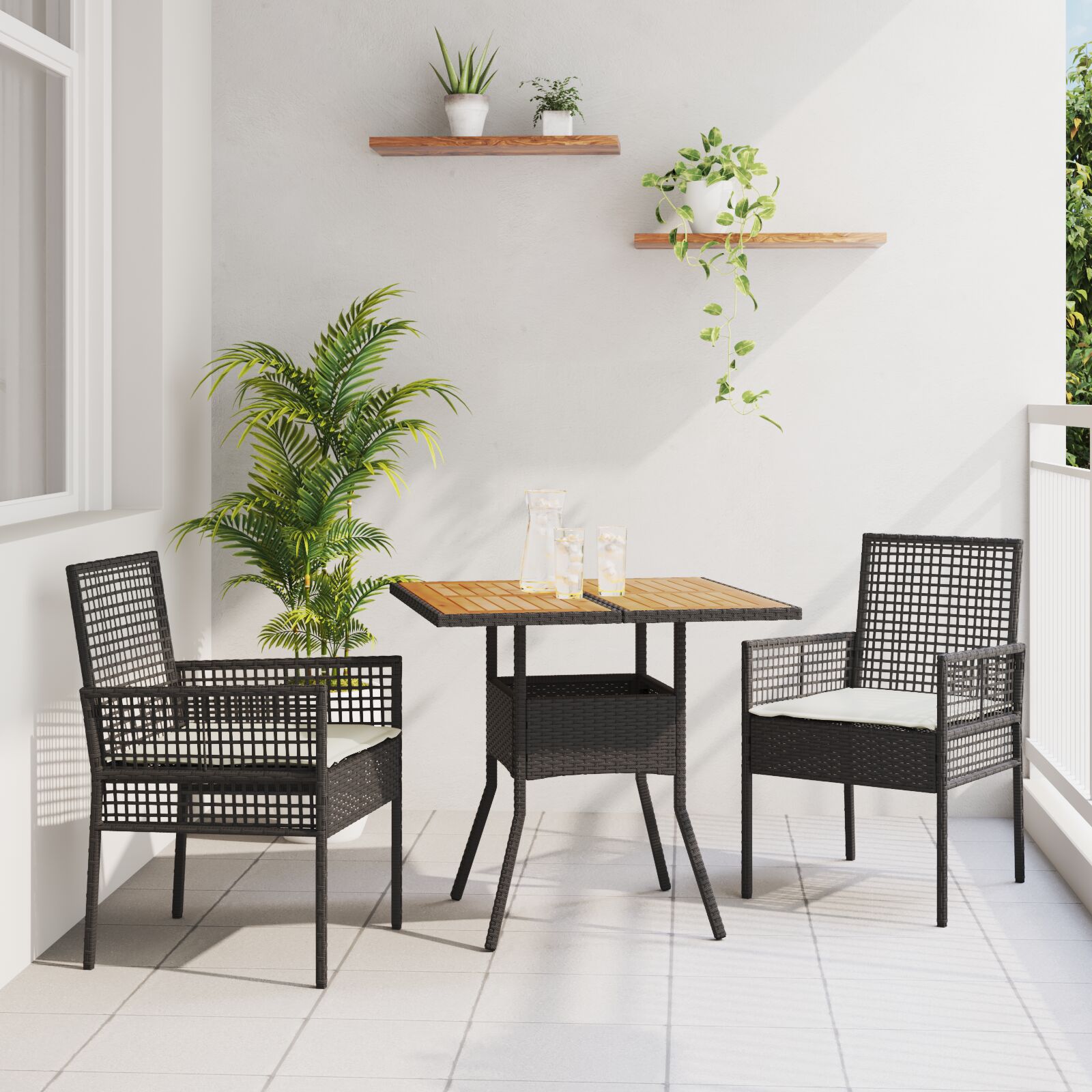 3-teiliges Garten-Essset mit Kissen Schwarz Poly Rattan 3-teiliges Garten-Essset mit Kissen Schwarz Poly Rattan
