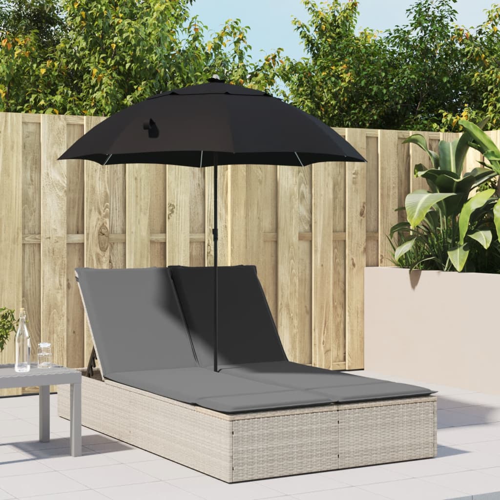 Doppel-Sonnenliege mit Kissen & Schirm Hellgrau Poly Rattan Doppel-Sonnenliege mit Kissen & Schirm Hellgrau Poly Rattan