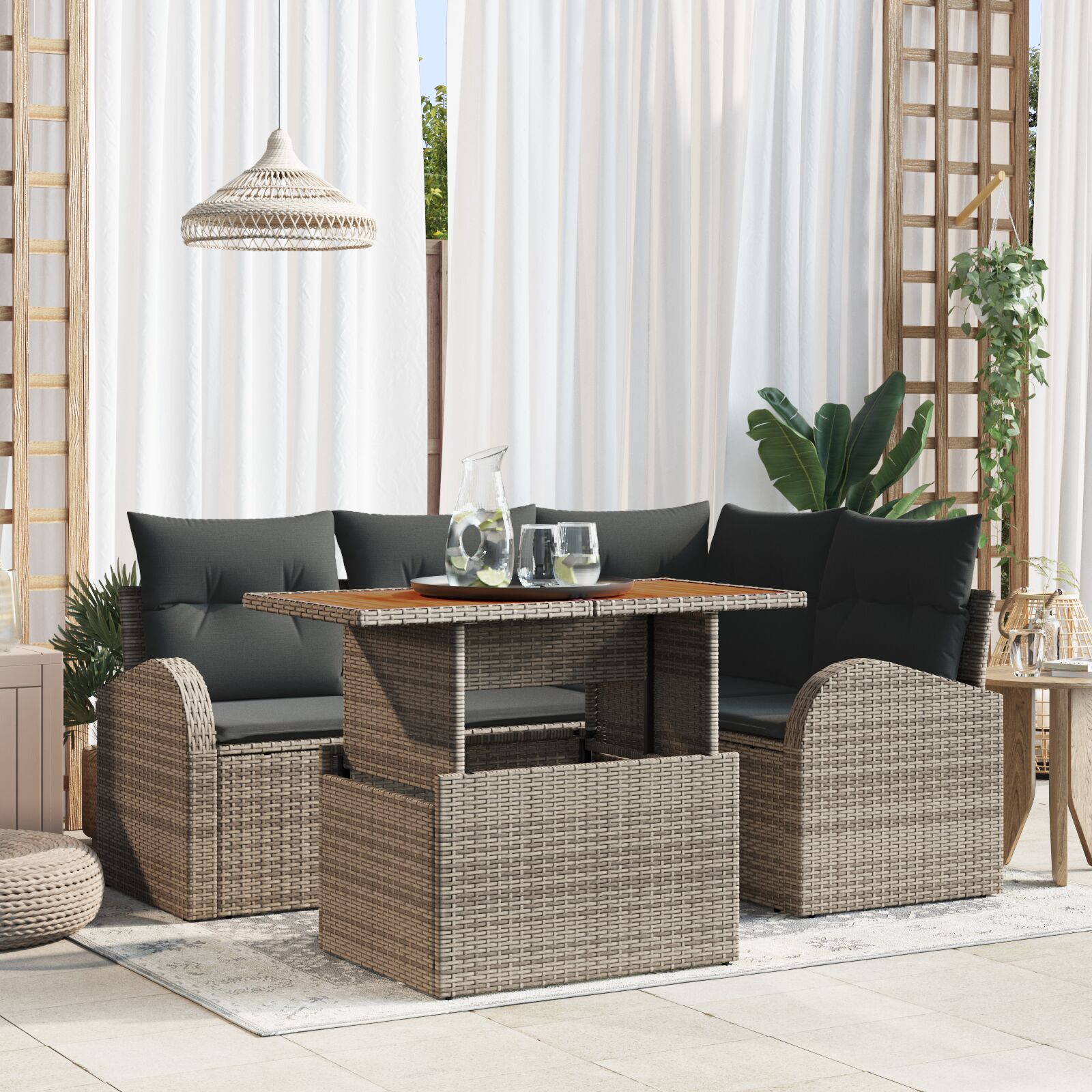 vidaXL Garten Sofa Set Set aus 5 Grau Polyrattan, Stahl, Stoff vidaXL Garten Sofa Set Set aus 5 Grau Polyrattan, Stahl, Stoff