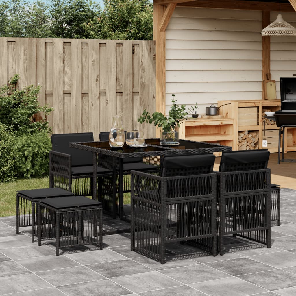 9-tlg. Garten-Essgruppe mit Kissen Schwarz Poly Rattan 9-tlg. Garten-Essgruppe mit Kissen Schwarz Poly Rattan