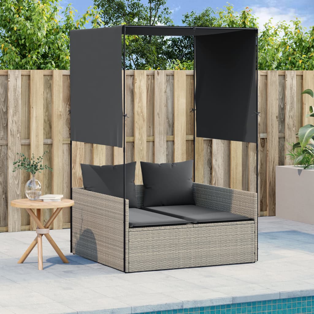 Doppel-Sonnenliege mit Dach und Vorhängen Hellgrau Poly Rattan Doppel-Sonnenliege mit Dach und Vorhängen Hellgrau Poly Rattan