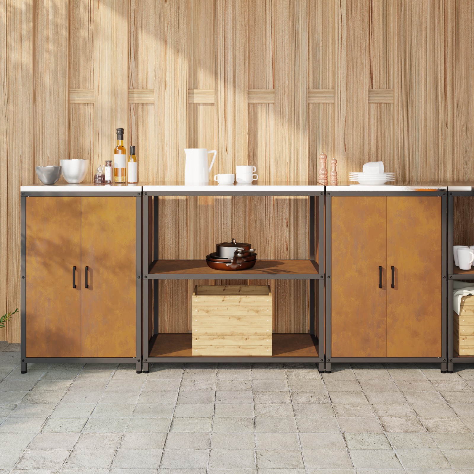 Küchenlager-Set mit Regal mit Speicher mit Tür 3 pcs Rostig 210 x 50 x 92 cm