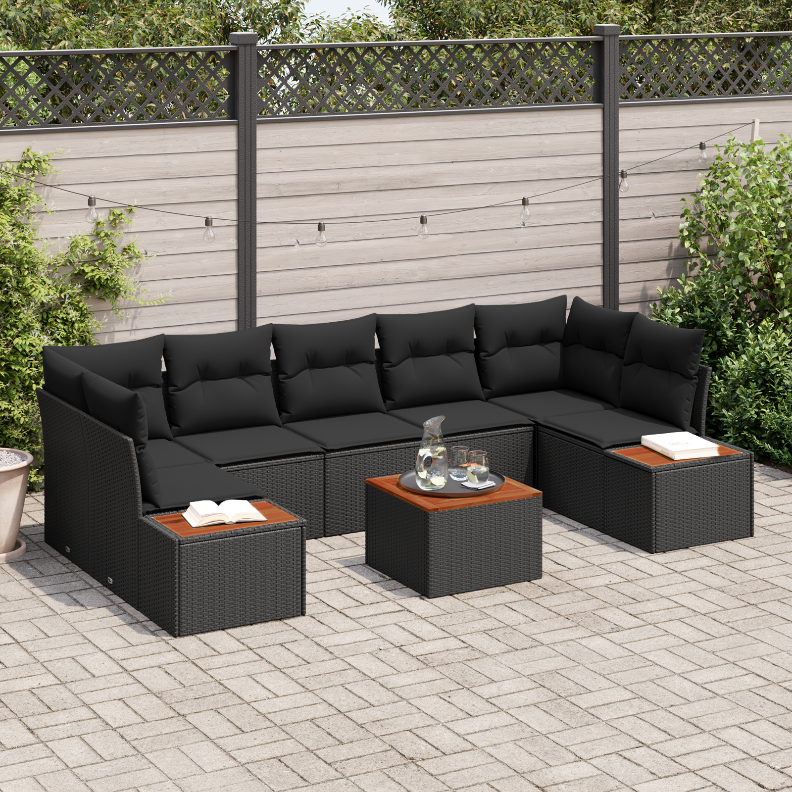 8-teiliges Garten Sofa Set mit Kissen Schwarz Poly Rattan Akazie 8-teiliges Garten Sofa Set mit Kissen Schwarz Poly Rattan Akazie