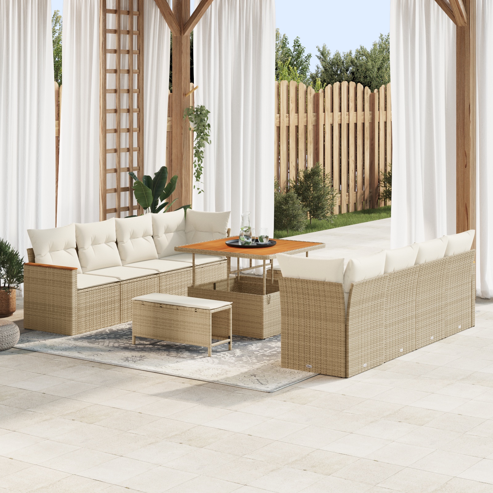 11-tlg. Garten-Sofagarnitur mit Kissen Beige Poly Rattan Akazie 11-tlg. Garten-Sofagarnitur mit Kissen Beige Poly Rattan Akazie