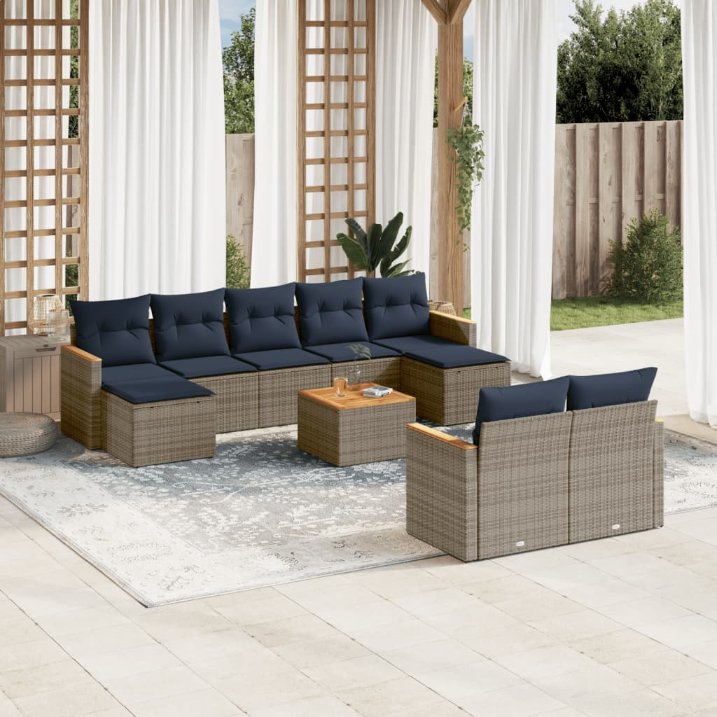 10-teiliges Gartensofa-Set mit Kissen, grau, Polyrattan 10-teiliges Gartensofa-Set mit Kissen, grau, Polyrattan