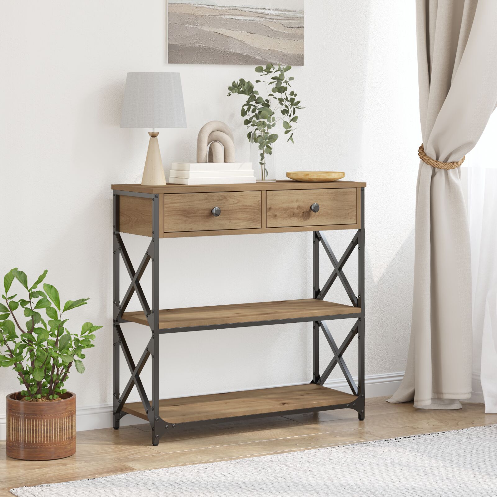 vidaXL Konsole Tisch Artisan Eiche 75x28x75 cm Ingenieure Holz und Stahl