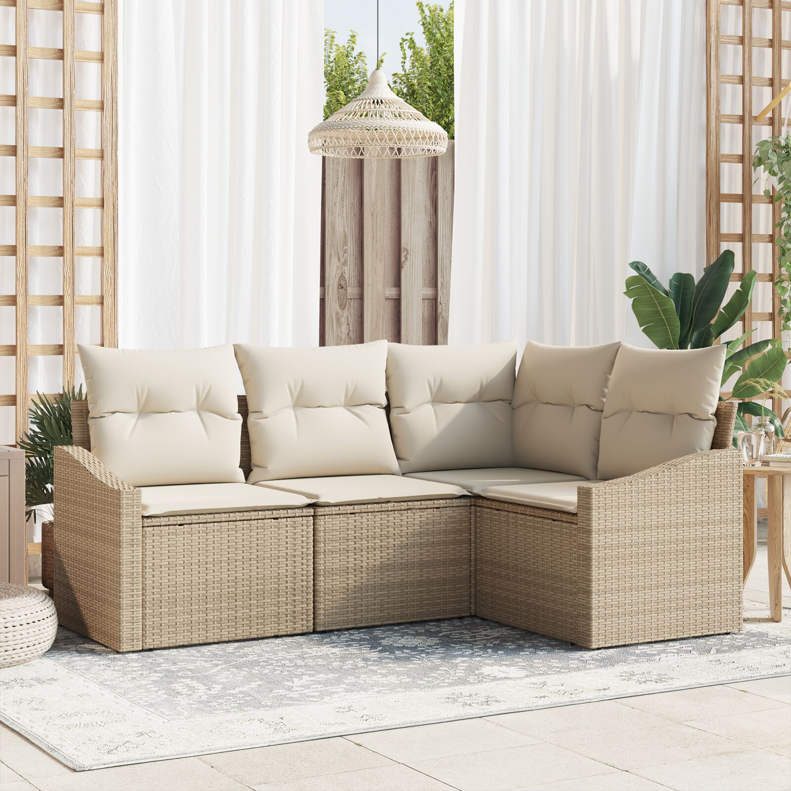 4-teiliges Garten-Sofa-Set mit Kissen Beige Poly Rattan 4-teiliges Garten-Sofa-Set mit Kissen Beige Poly Rattan
