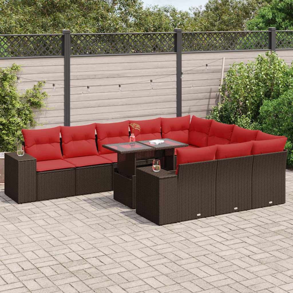 11-tlg. Garten-Sofagarnitur mit Kissen Braun Poly Rattan Akazie 11-tlg. Garten-Sofagarnitur mit Kissen Braun Poly Rattan Akazie