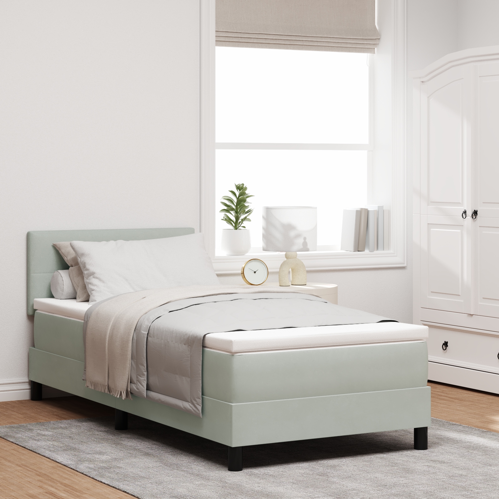 LED Boxspringbett mit Matratze Hellgrau 90x200 cm Samt