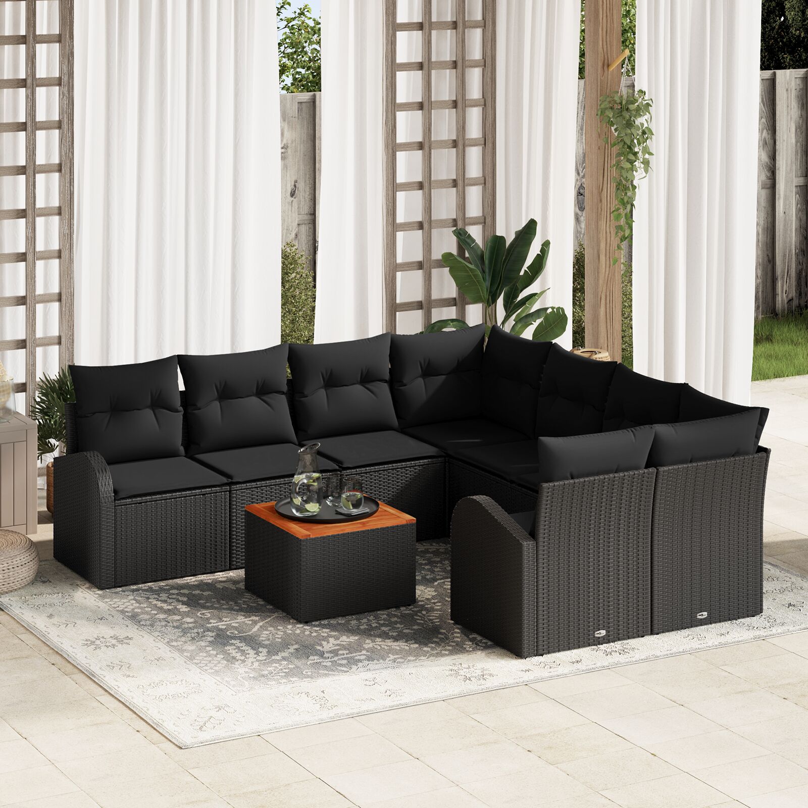 9-teiliges Garten-Sofa-Set mit Kissen Schwarz Polyrattan Akazie 9-teiliges Garten-Sofa-Set mit Kissen Schwarz Polyrattan Akazie