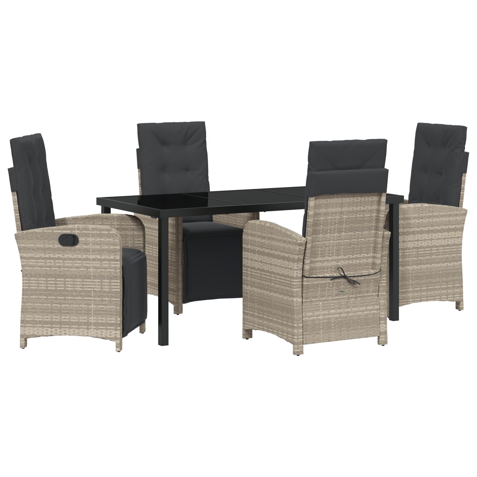 5-teiliges Garten Essset mit Kissen Hellgrau Poly Rattan, Gartentisch Schwarz 160x80x73 cm Tempered Glass