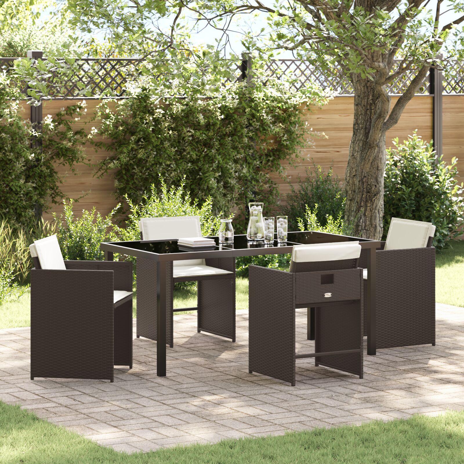 5-teiliges Garten-Ess-Set mit Kissen in braunem Poly-Rattan