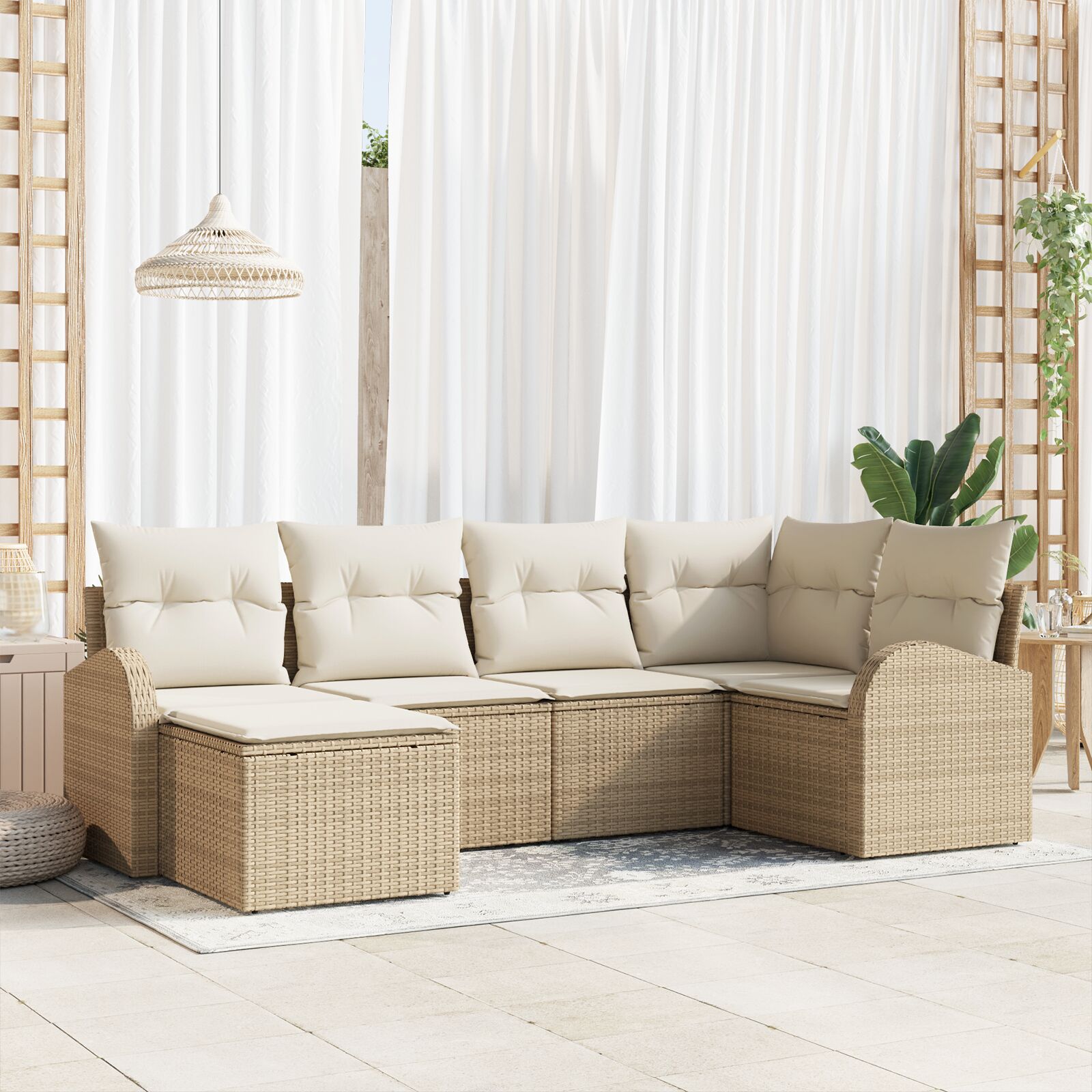 6-teiliges Garten-Sofa-Set mit Kissen Beige Poly-Rattan 6-teiliges Garten-Sofa-Set mit Kissen Beige Poly-Rattan