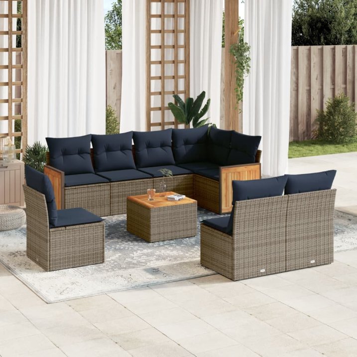 9-teiliges Gartensofa-Set mit Kissen, grau, Polyrattan 9-teiliges Gartensofa-Set mit Kissen, grau, Polyrattan