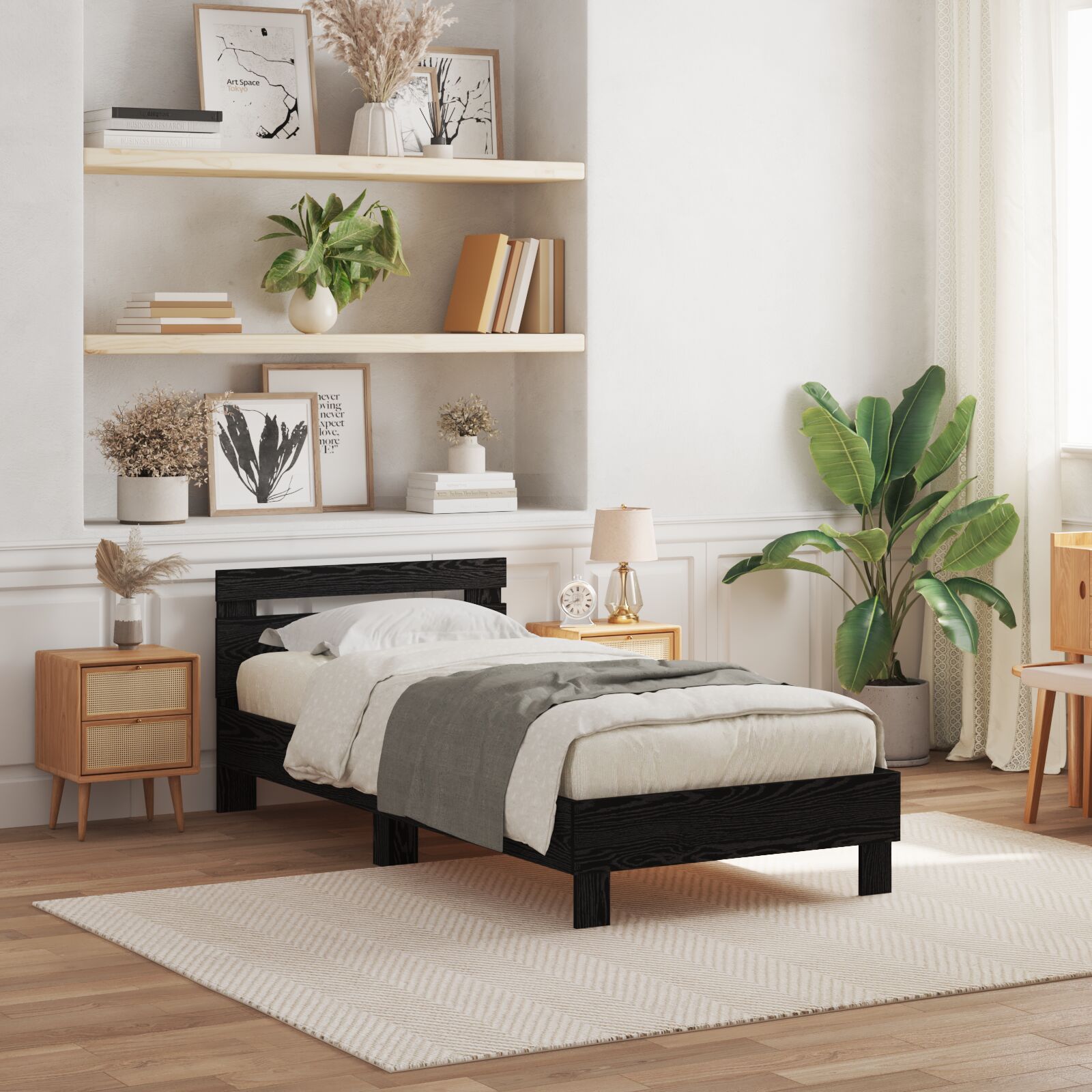 Bettgestell mit LED-Leuchten Schwarz Eiche 90x190 cm