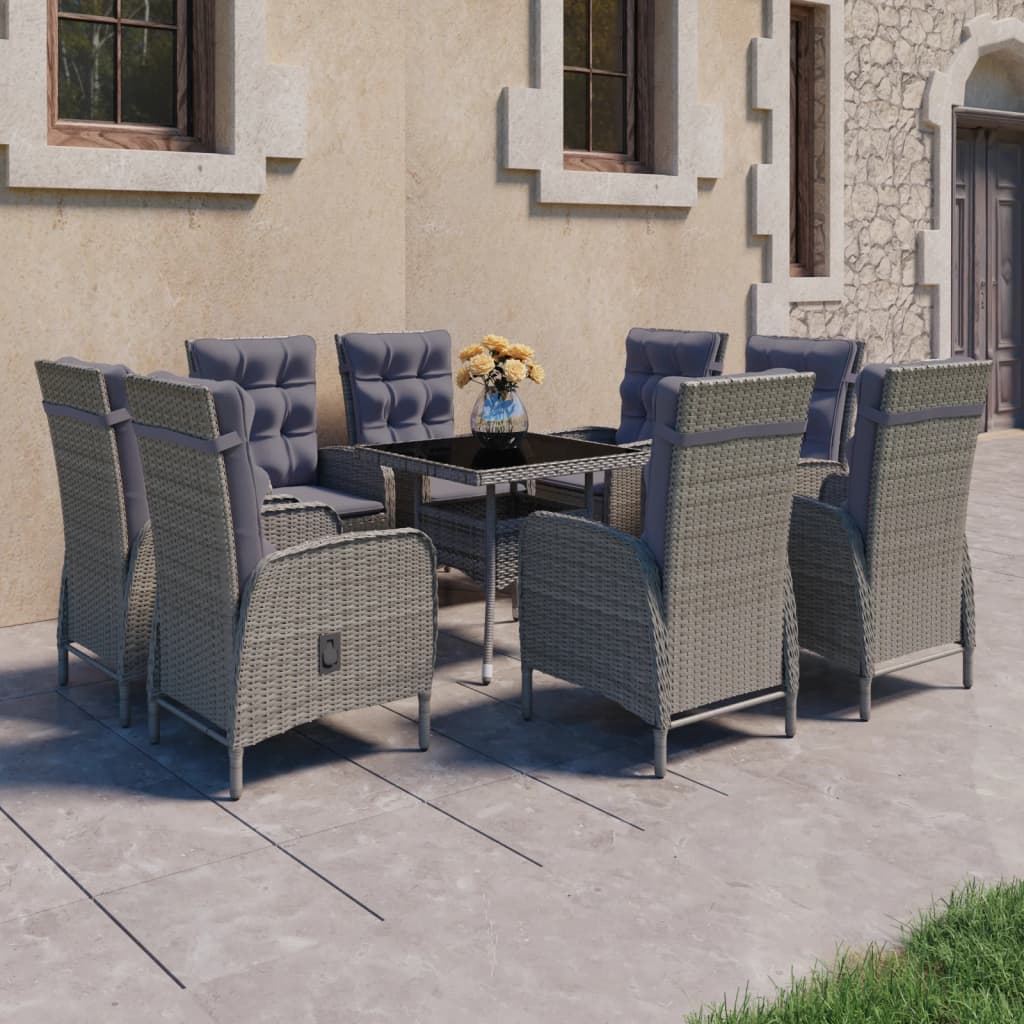9-tlg. Garten-Essgruppe Poly Rattan und Glas Grau 9-tlg. Garten-Essgruppe Poly Rattan und Glas Grau