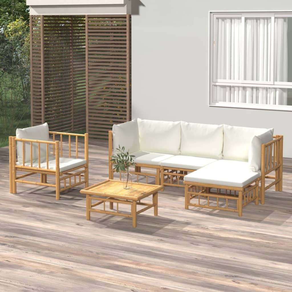 6-tlg. Garten-Lounge-Set mit Cremeweißen Kissen Bambus 6-tlg. Garten-Lounge-Set mit Cremeweißen Kissen Bambus