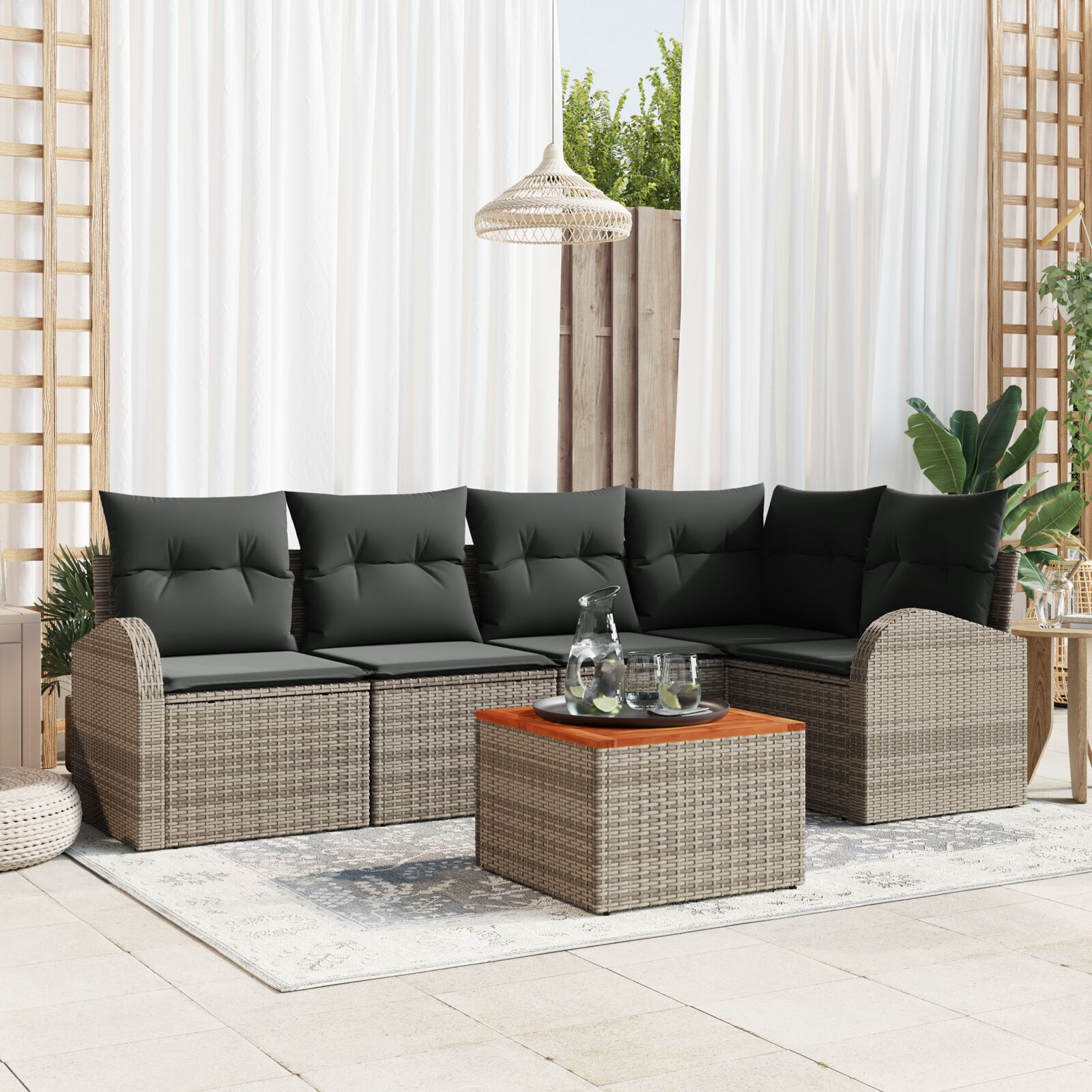 6-teiliges Garten Sofa Set mit Kissen Grau Poly Rattan Akazie 6-teiliges Garten Sofa Set mit Kissen Grau Poly Rattan Akazie