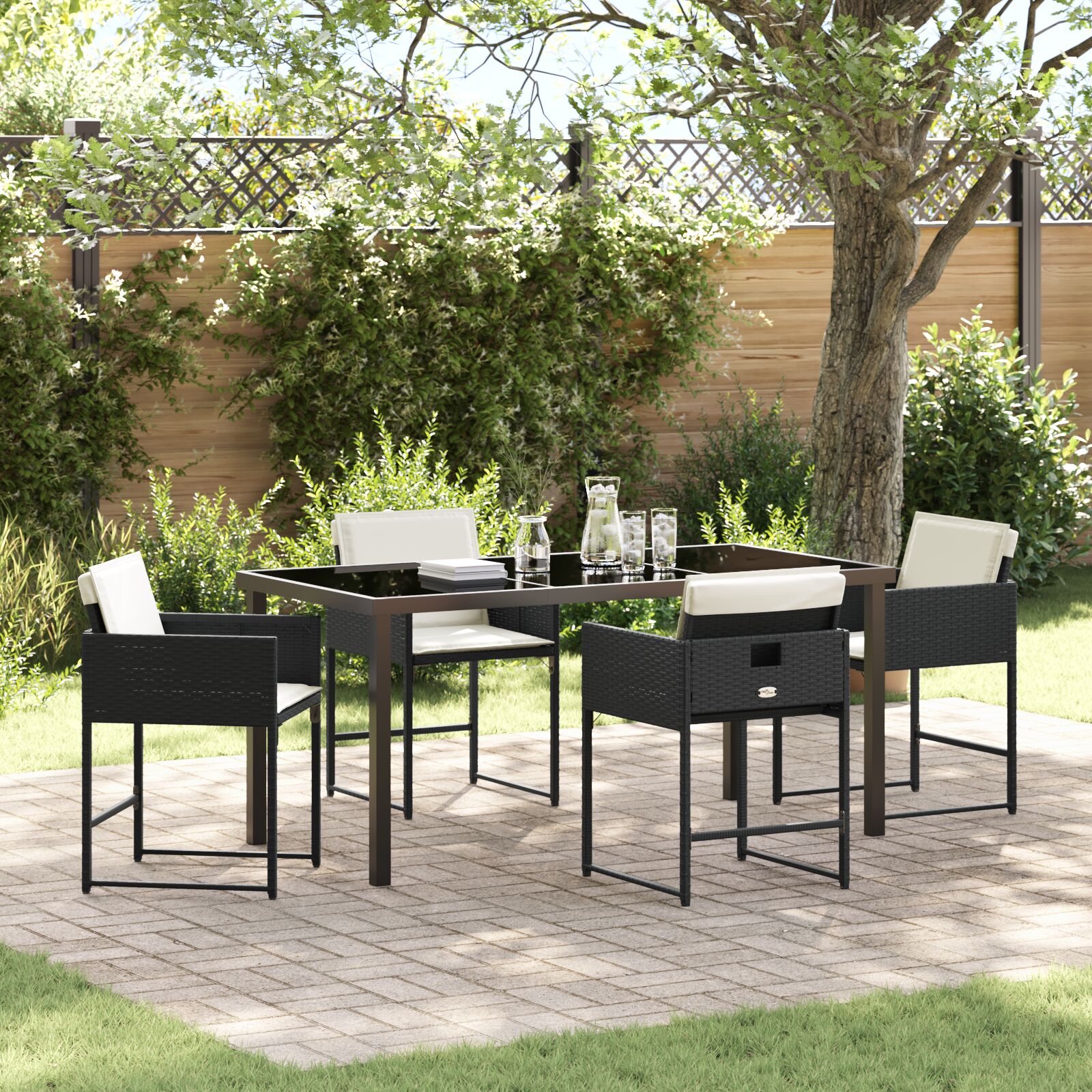 5-teiliges Garten-Esstisch-Set mit Kissen Schwarz Poly-Rattan