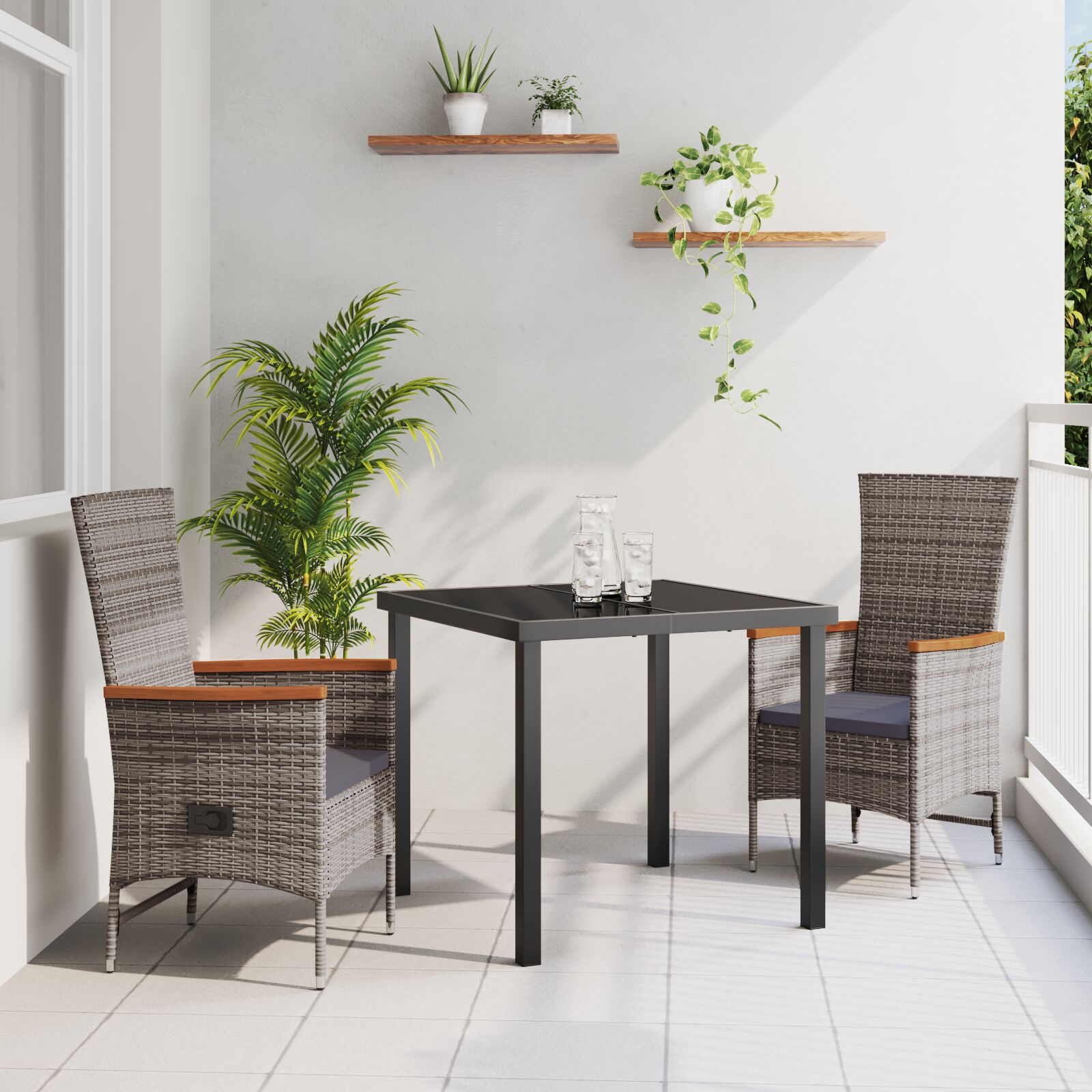 3-teiliges Garten-Esstischset mit Kissen aus grauem Poly-Rattan 3-teiliges Garten-Esstischset mit Kissen aus grauem Poly-Rattan
