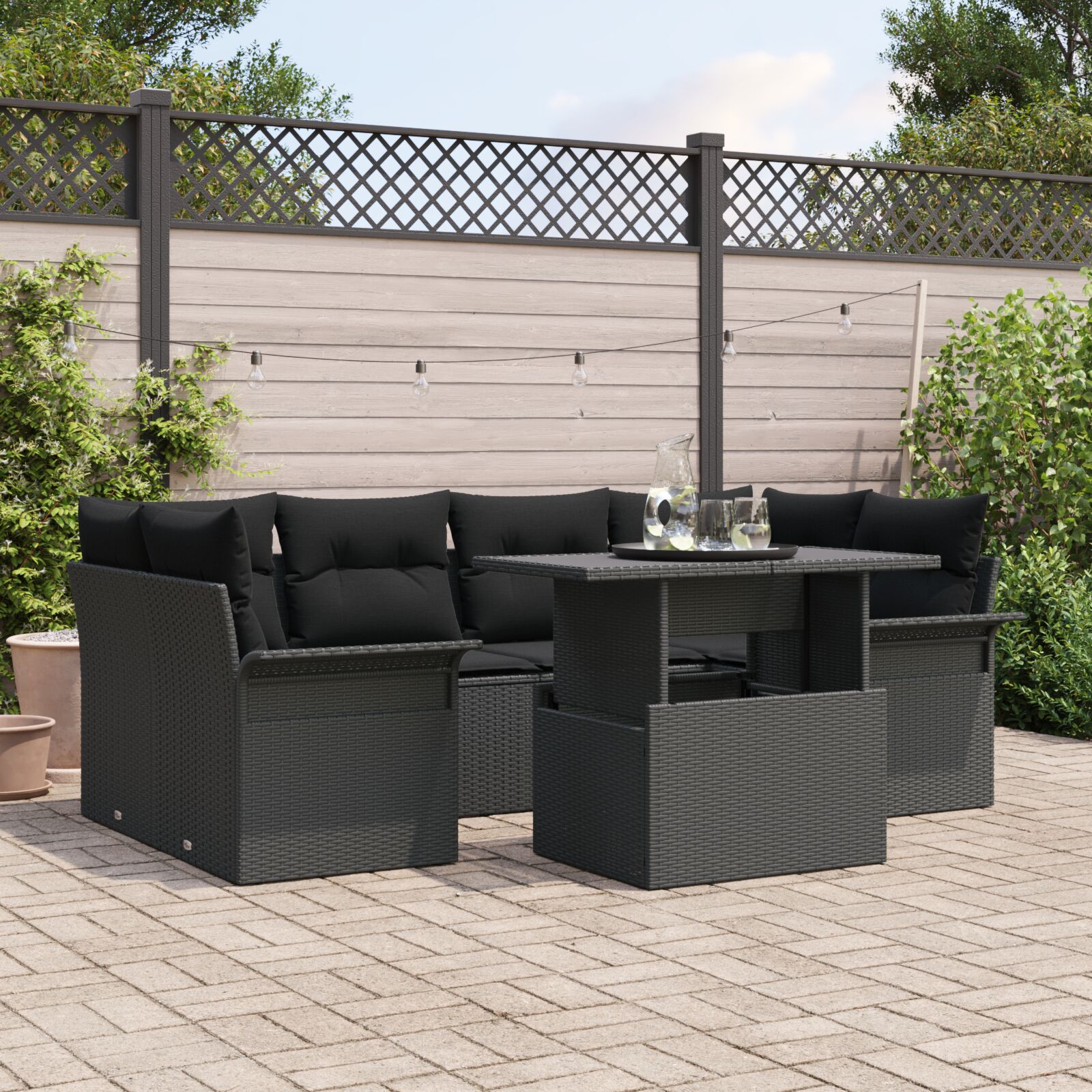 7-teiliges Garten Sofa Set mit Kissen Schwarz Poly Rattan