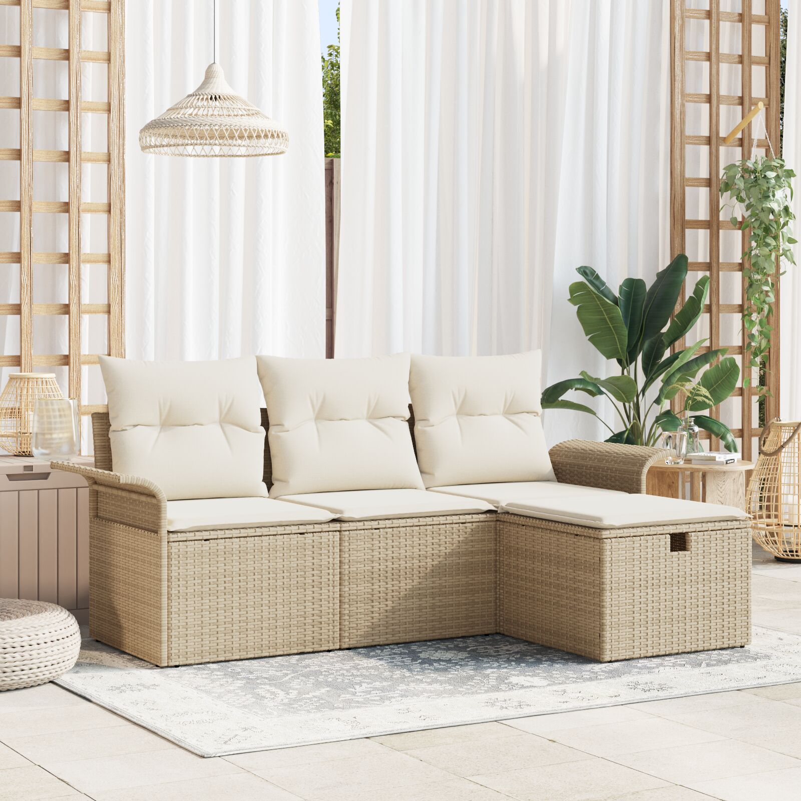 4-teiliges Garten Sofa Set mit Kissen Beige Poly Rattan, 2-Sitzer Garten Sofa mit Stauraum & Kissen Beige Poly Rattan