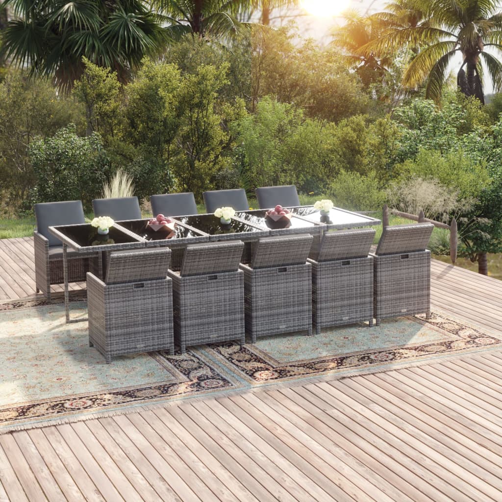 11-tlg. Garten-Essgruppe mit Kissen Poly Rattan Grau 11-tlg. Garten-Essgruppe mit Kissen Poly Rattan Grau