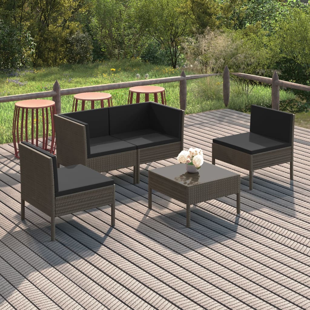 5-tlg. Garten-Lounge-Set mit Auflagen Poly Rattan Grau 5-tlg. Garten-Lounge-Set mit Auflagen Poly Rattan Grau