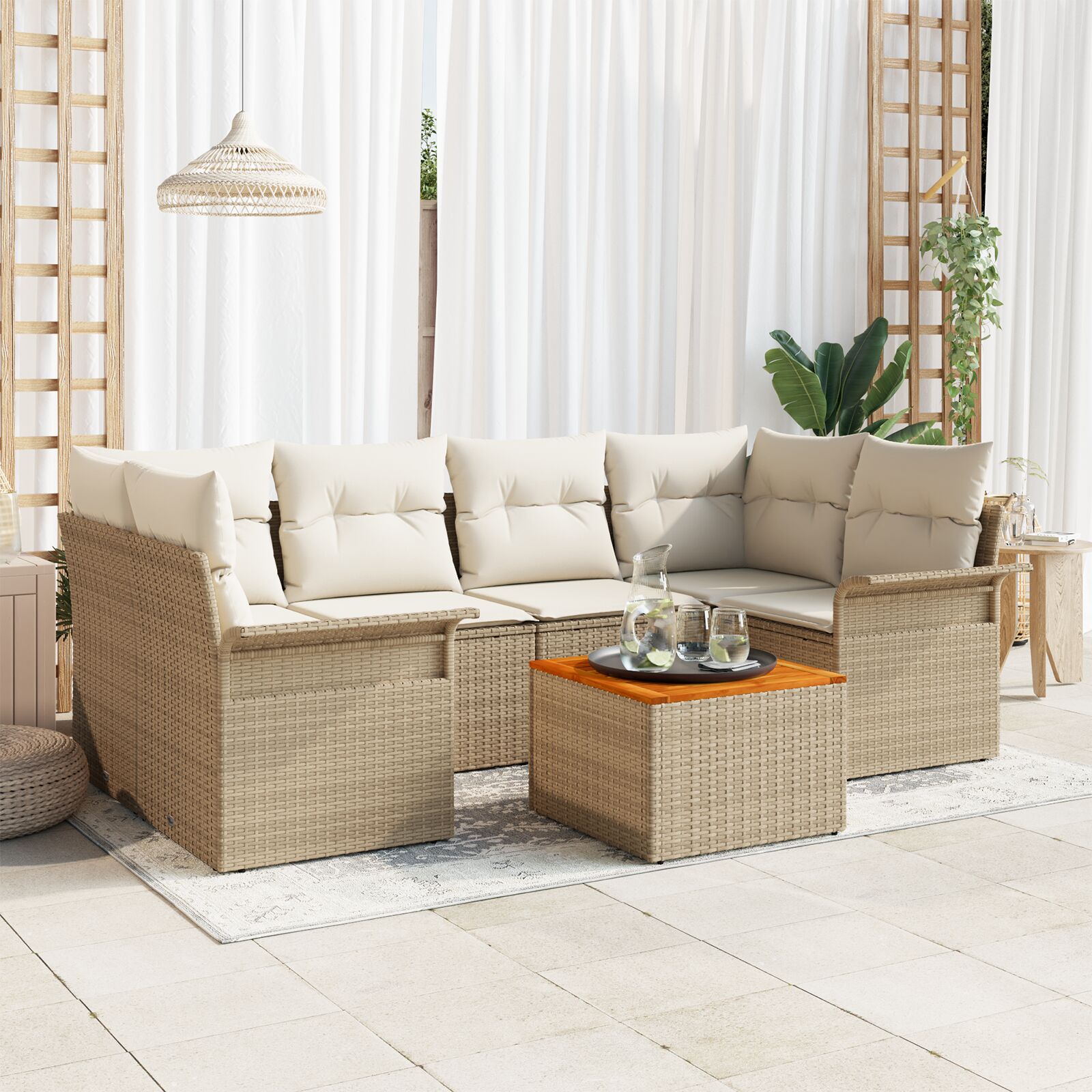 7-teiliges Garten Sofa Set mit Kissen Beige Poly Rattan Akazie