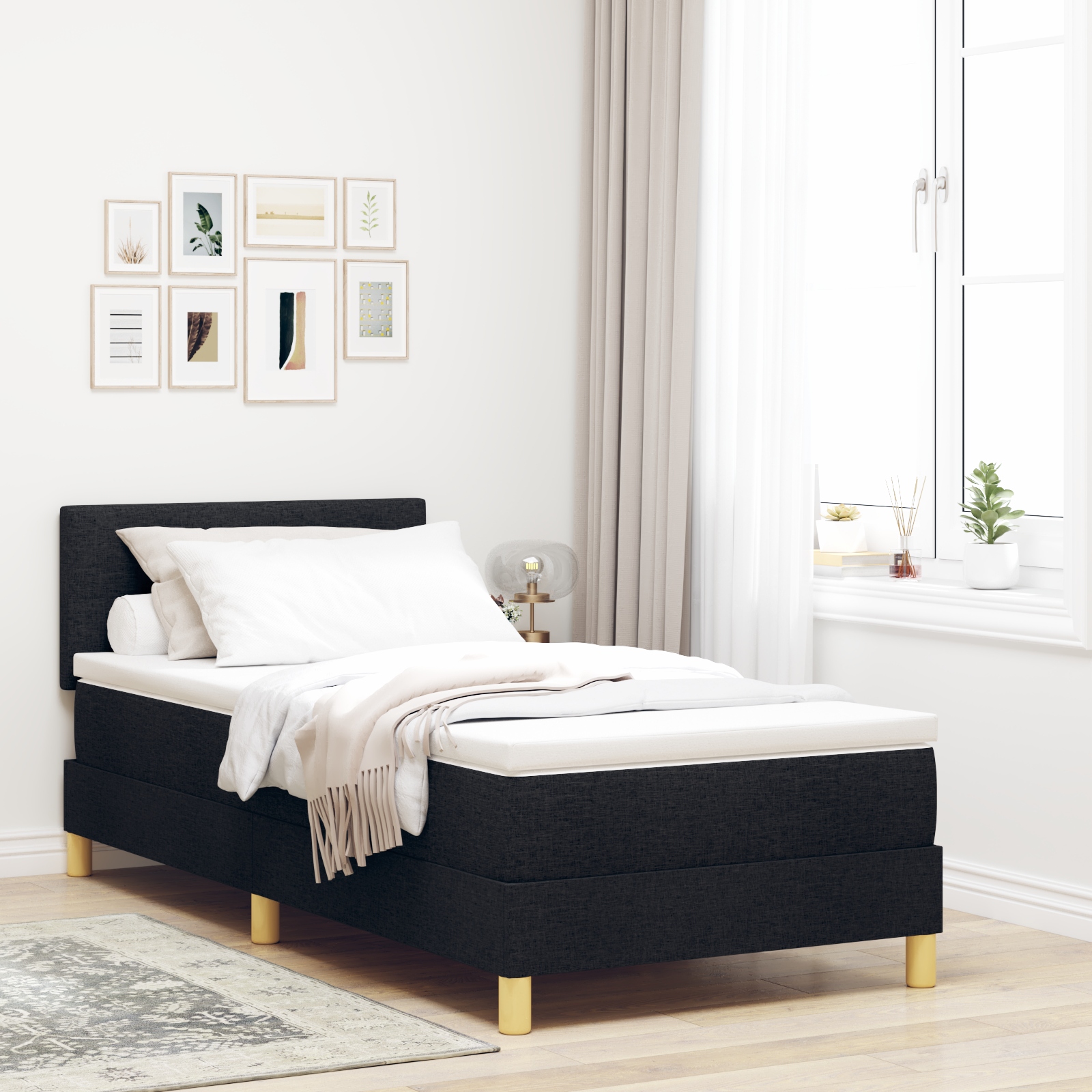 LED Boxspringbett mit Matratze Schwarz 90x190 cm Stoff