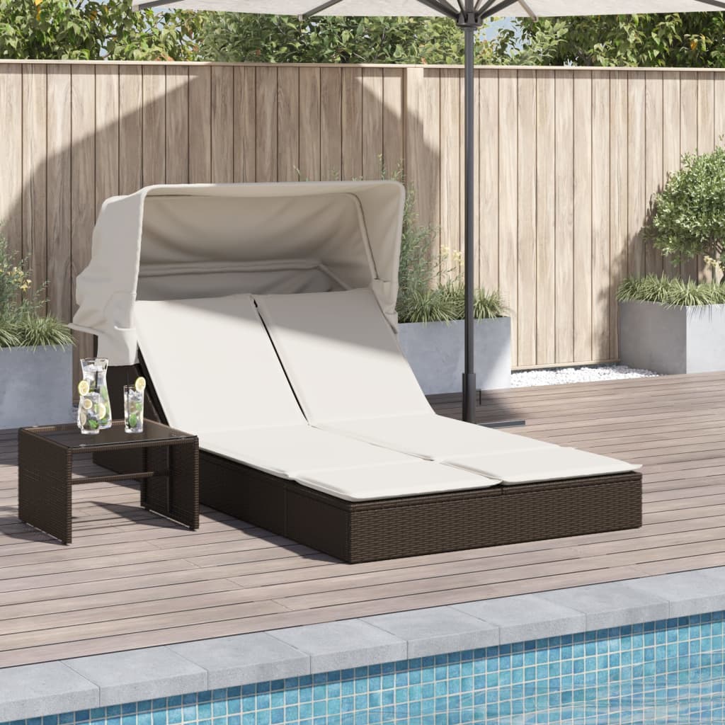 Doppel-Sonnenliege mit Dach und Auflagen Braun Poly Rattan Doppel-Sonnenliege mit Dach und Auflagen Braun Poly Rattan