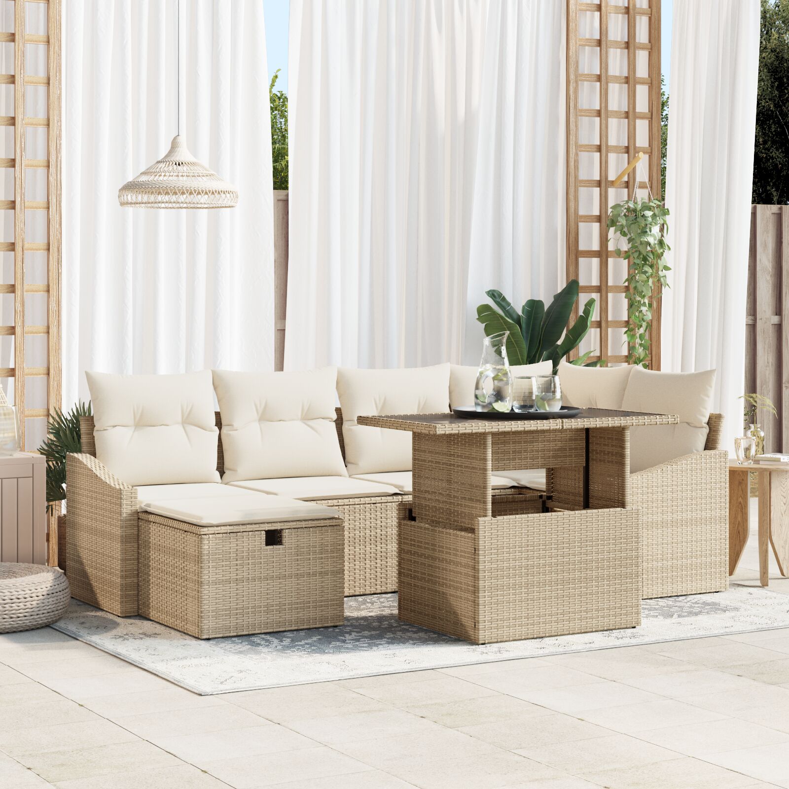 7-teiliges Garten Sofa Set mit Kissen Beige Poly Rattan 7-teiliges Garten Sofa Set mit Kissen Beige Poly Rattan