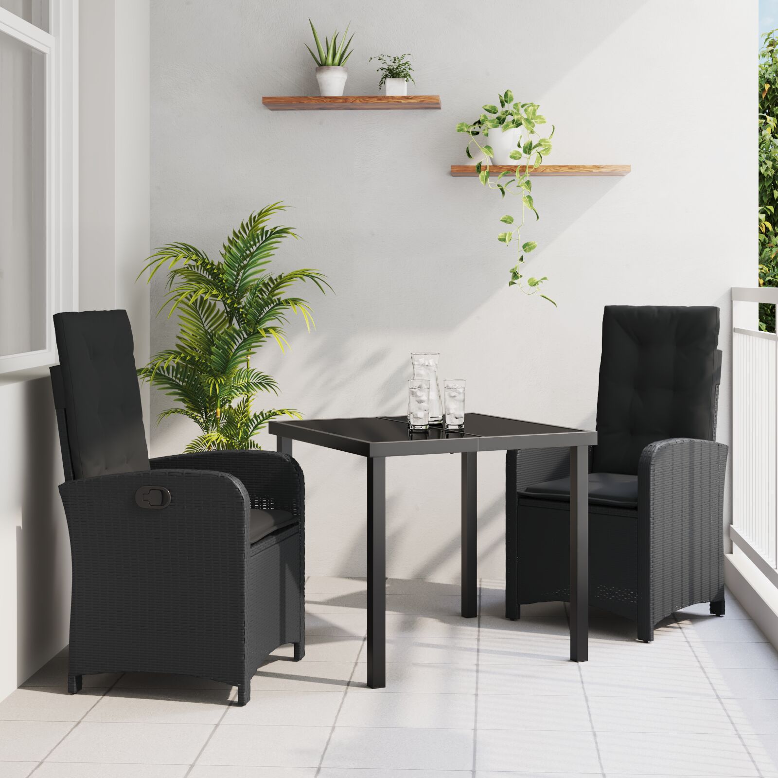 3-teiliges Garten-Dining-Set mit Kissen Schwarz Poly-Rattan