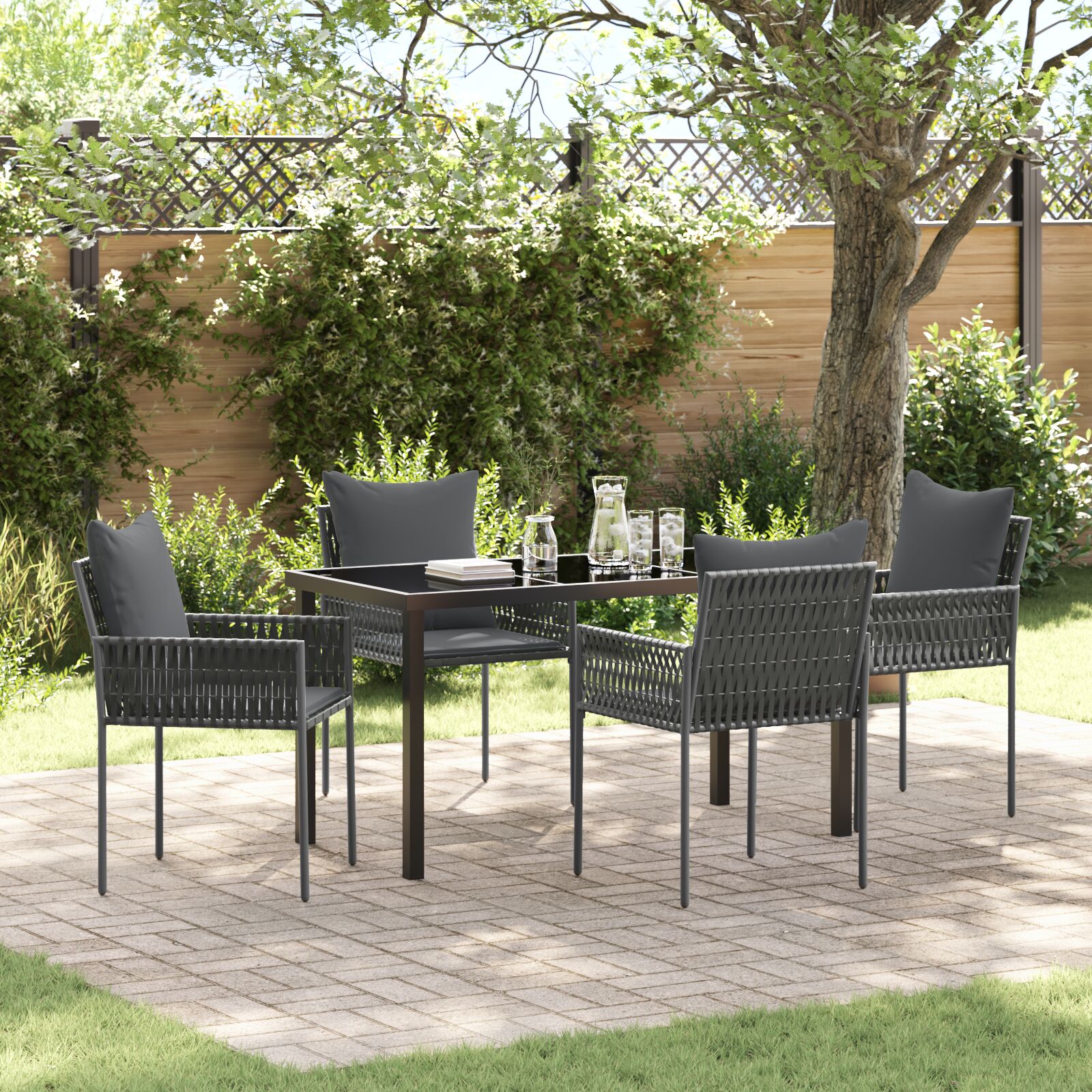 5-teiliges Garten-Ess-Set mit Kissen Schwarz Poly-Rattan